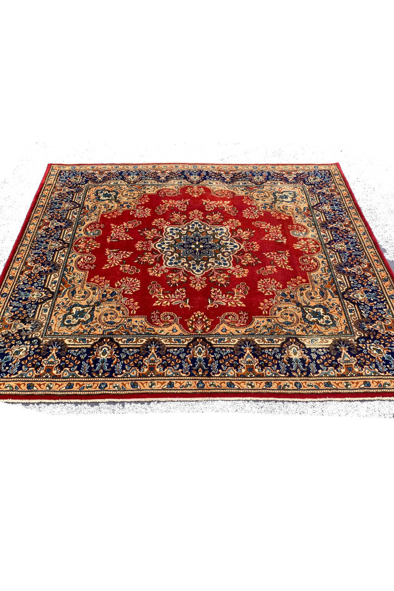Distressed Hand Knotted Vintage Qirmoun Wool Area Rug 7.5 X 6.8 Ft (383 Ger)