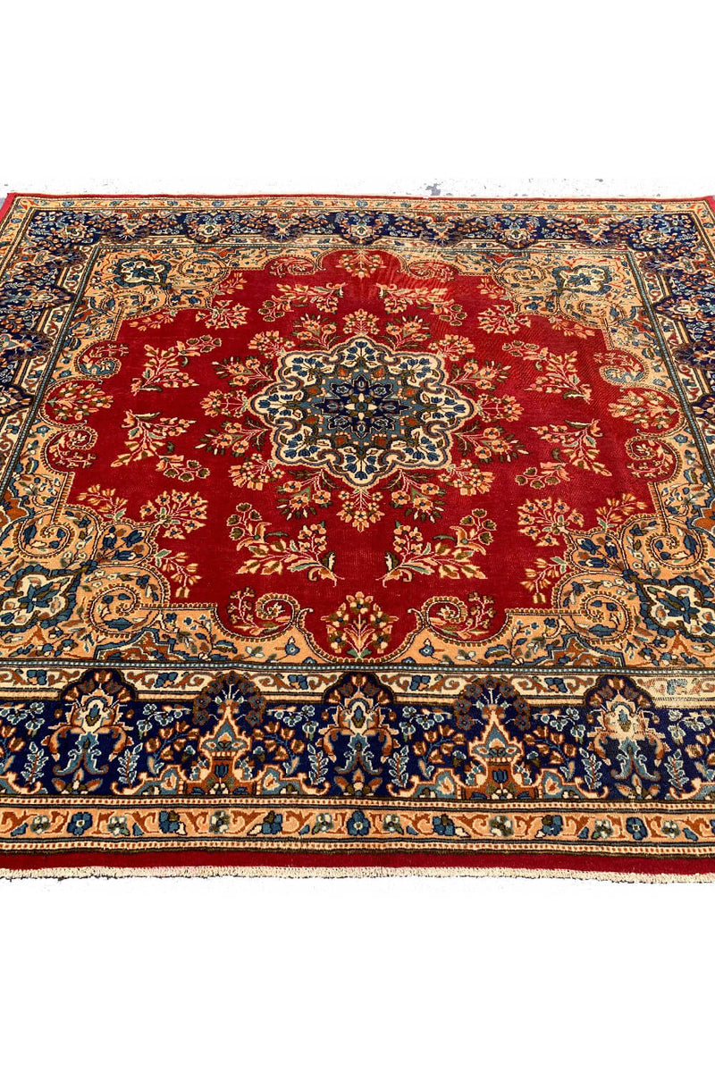 Distressed Hand Knotted Vintage Qirmoun Wool Area Rug 7.5 X 6.8 Ft (383 Ger)