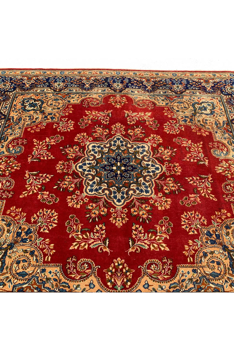 Distressed Hand Knotted Vintage Qirmoun Wool Area Rug 7.5 X 6.8 Ft (383 Ger)