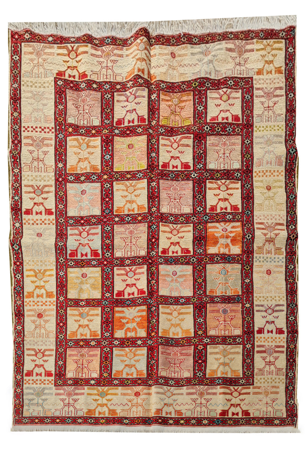 Fine Quality Hand Knotted Veg Dyed Soumak Pictorial Silk Kilim Area Rug 6 x 4 Ft (907 KHI)