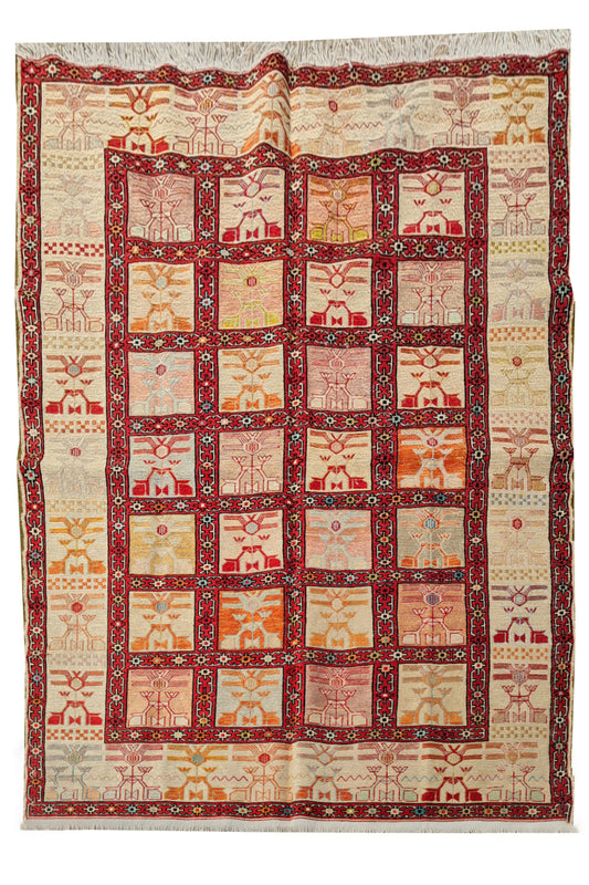 Fine Quality Hand Knotted Veg Dyed Soumak Pictorial Silk Kilim Area Rug 6 x 4 Ft (907 KHI)