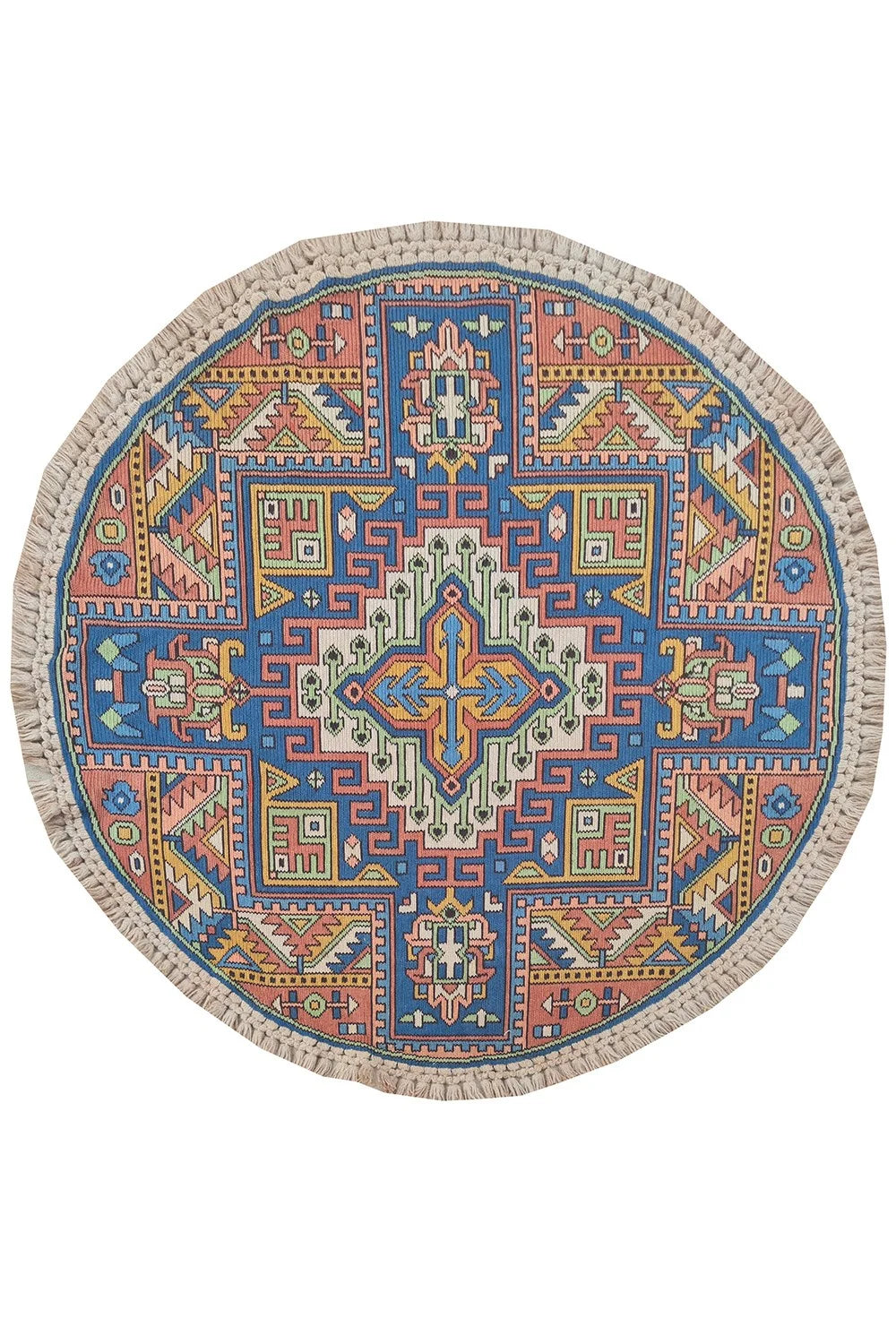 Amazing Hand Knotted Vintage Flat Weave Kilim Round Wool Area Rug 4.1 x 4.1 Ft