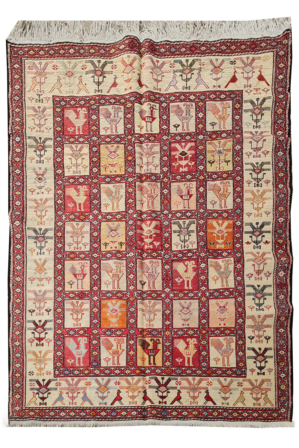 Fine Quality Hand Knotted Veg Dyed Soumak Pictorial Silk Kilim Area Rug 6 x 4 Ft (915 KHI)
