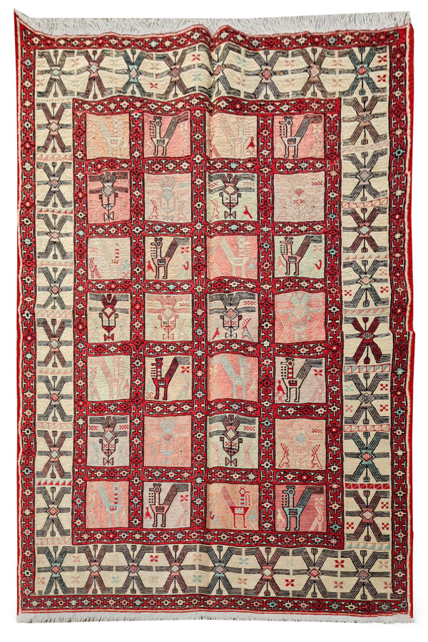 Fine Quality Hand Knotted Veg Dyed Soumak Pictorial silk Kilim Area Rug 6 x 4 Ft (914 KHI)