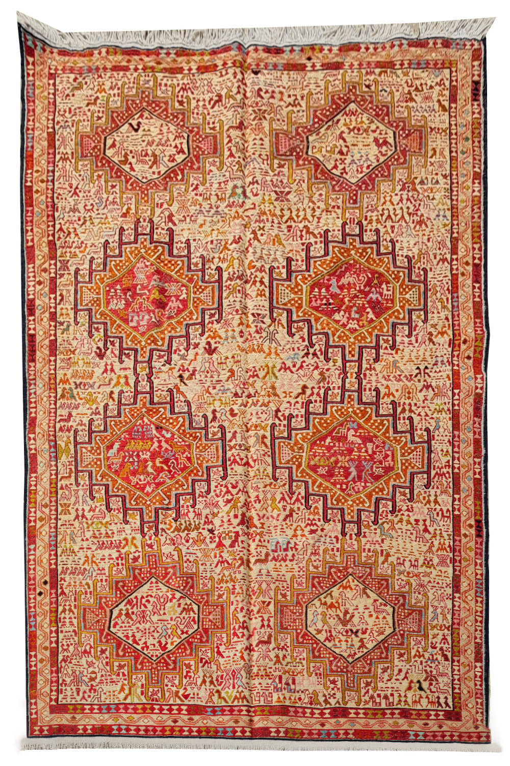 Fine Quality Hand Knotted Veg Dyed Soumak Pictorial Silk Kilim Area Rug 6.5 x 3.10 Ft (908 KHI)