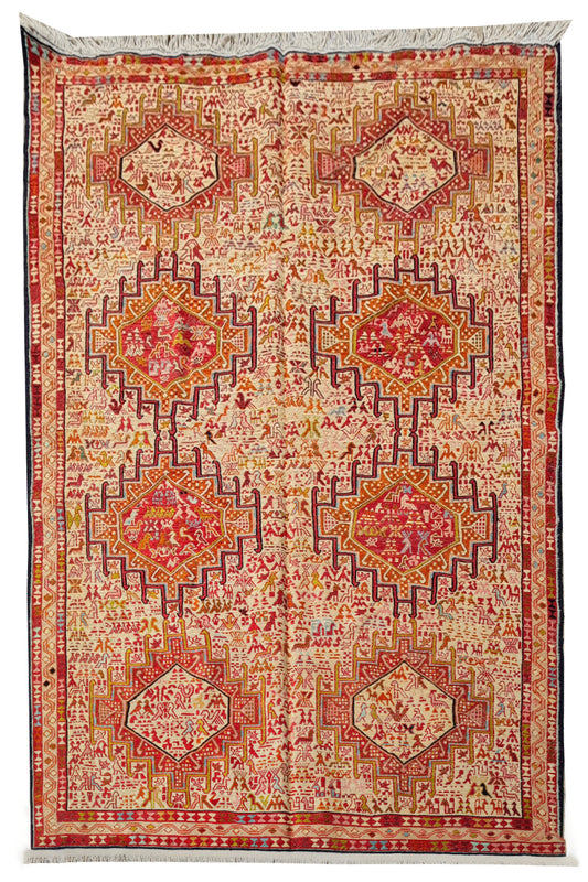 Fine Quality Hand Knotted Veg Dyed Soumak Pictorial Silk Kilim Area Rug 6.5 x 3.10 Ft (908 KHI)