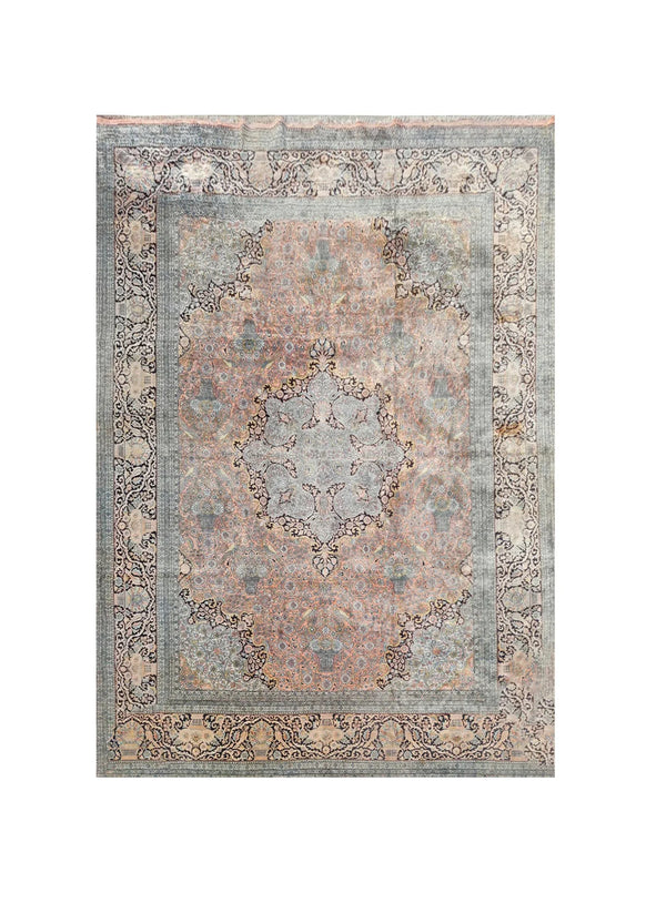 Authentic Hand Knotted Vintage Kashmiri Silk Area Rug 17.9 x 11.11 Ft (1565 Ger-4)
