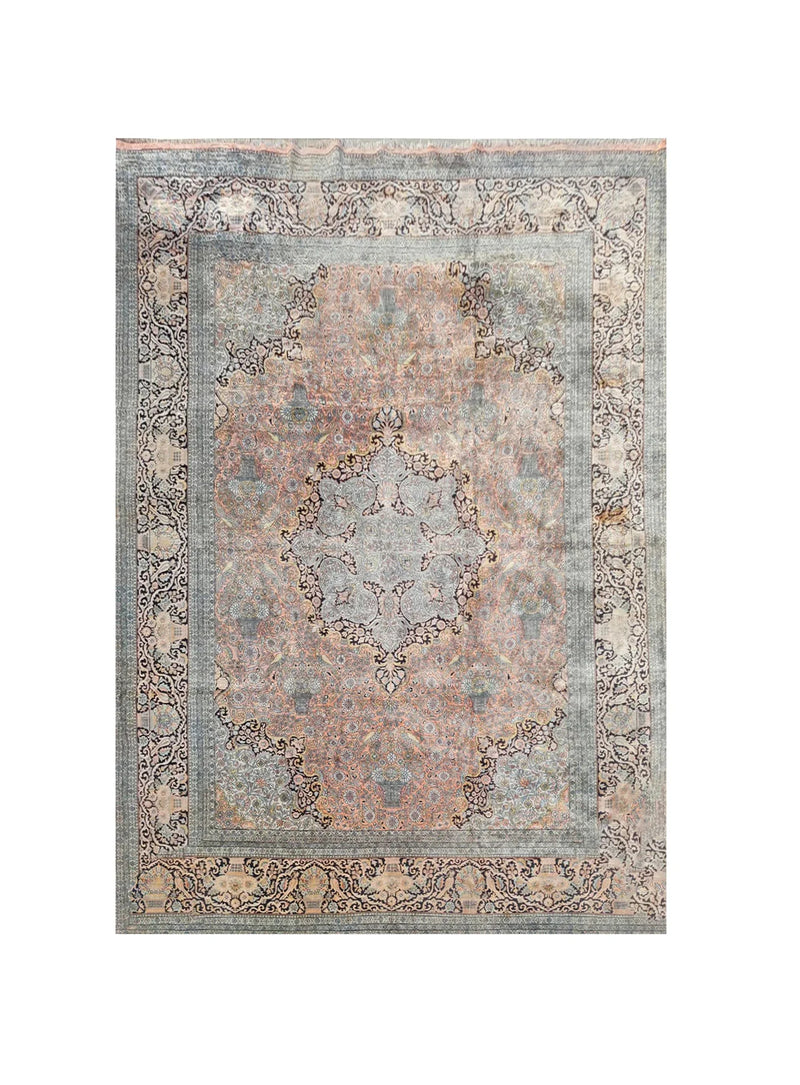Authentic Hand Knotted Vintage Kashmiri Silk Area Rug 17.9 x 11.11 Ft (1565 Ger-4)