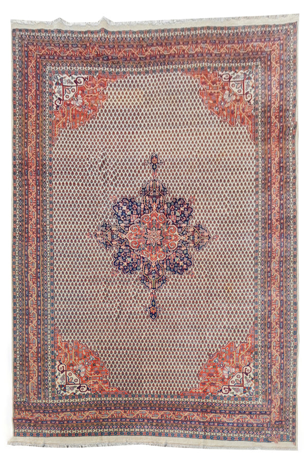 Authentic Hand Knotted Vintage Badam Gul Wool Area Rug 12.11 x 9.9 Ft (81 Ger-4)