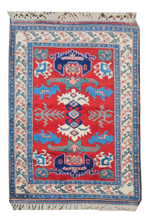 Authentic Hand Knotted Vintage Kurdi Wool Area Rug 5.5 x 4.0 Ft (930 Ger-4)