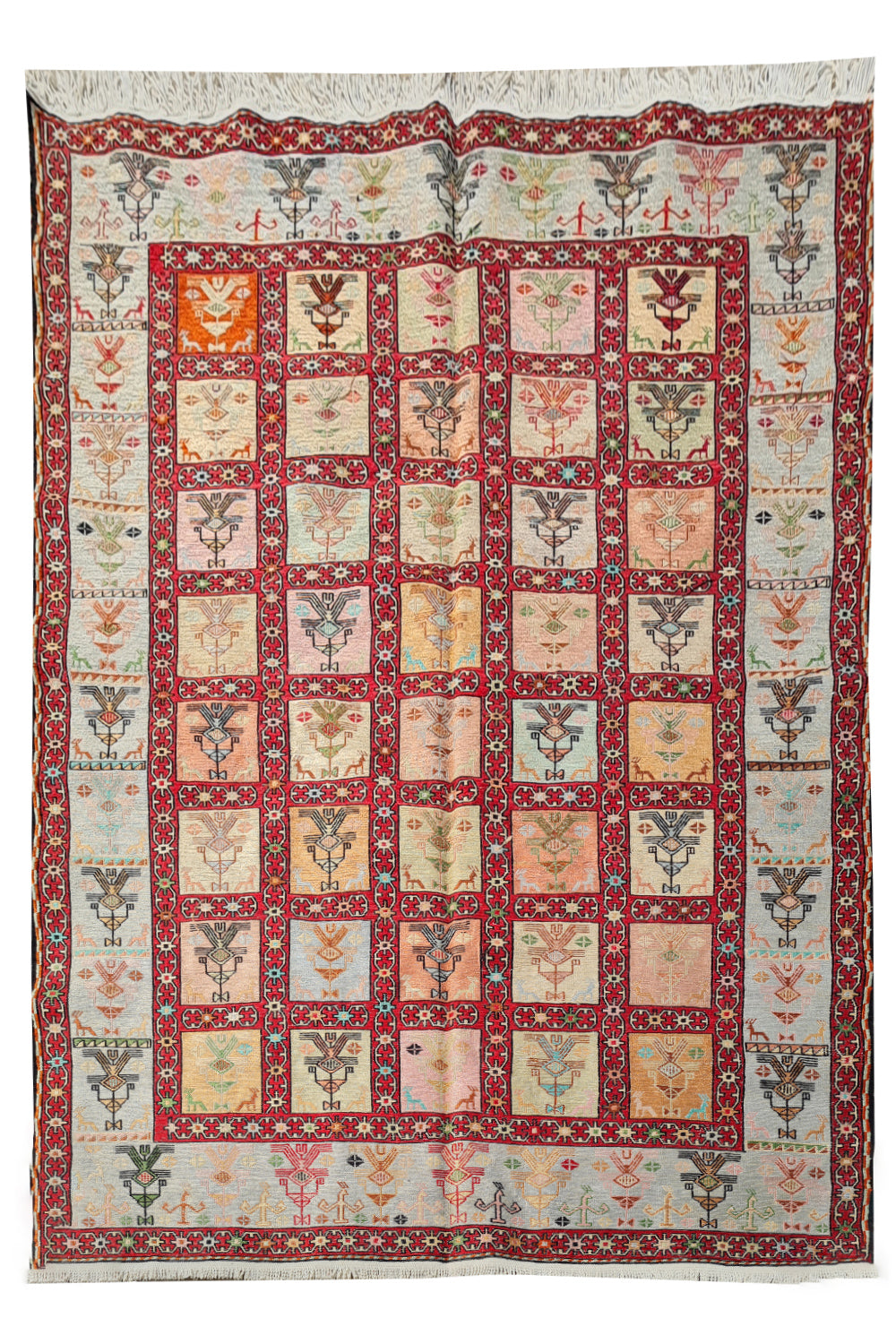 Fine Quality Hand Knotted Veg Dyed Soumak Pictorial Silk Kilim Area Rug 6 x 4 Ft (909 KHI)