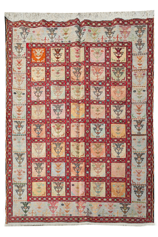 Fine Quality Hand Knotted Veg Dyed Soumak Pictorial Silk Kilim Area Rug 6 x 4 Ft (909 KHI)