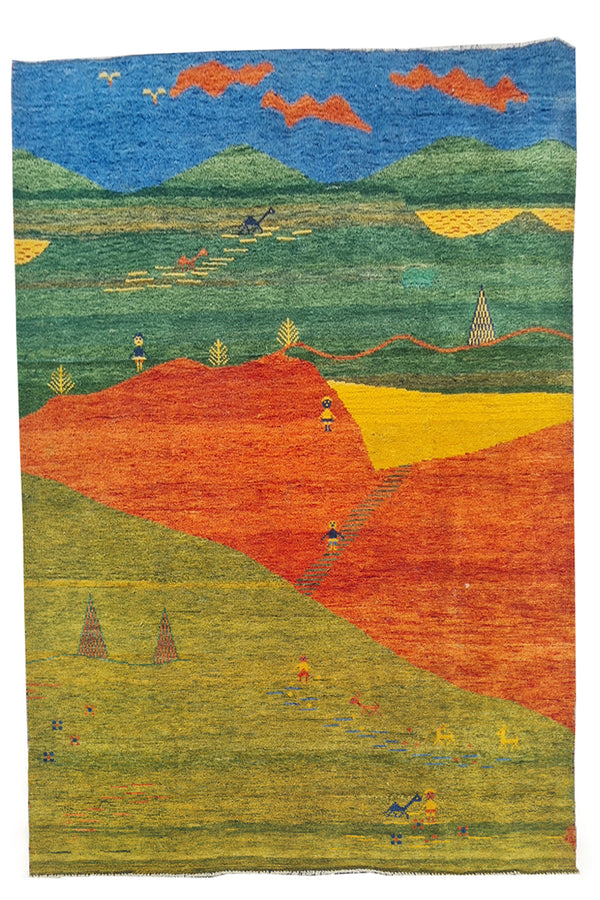 Authentic Hand Knotted Vintage Indo Gabbah Pictorial Wool Area Rug 7.5 x 5.7 Ft (1468 Ger-4)
