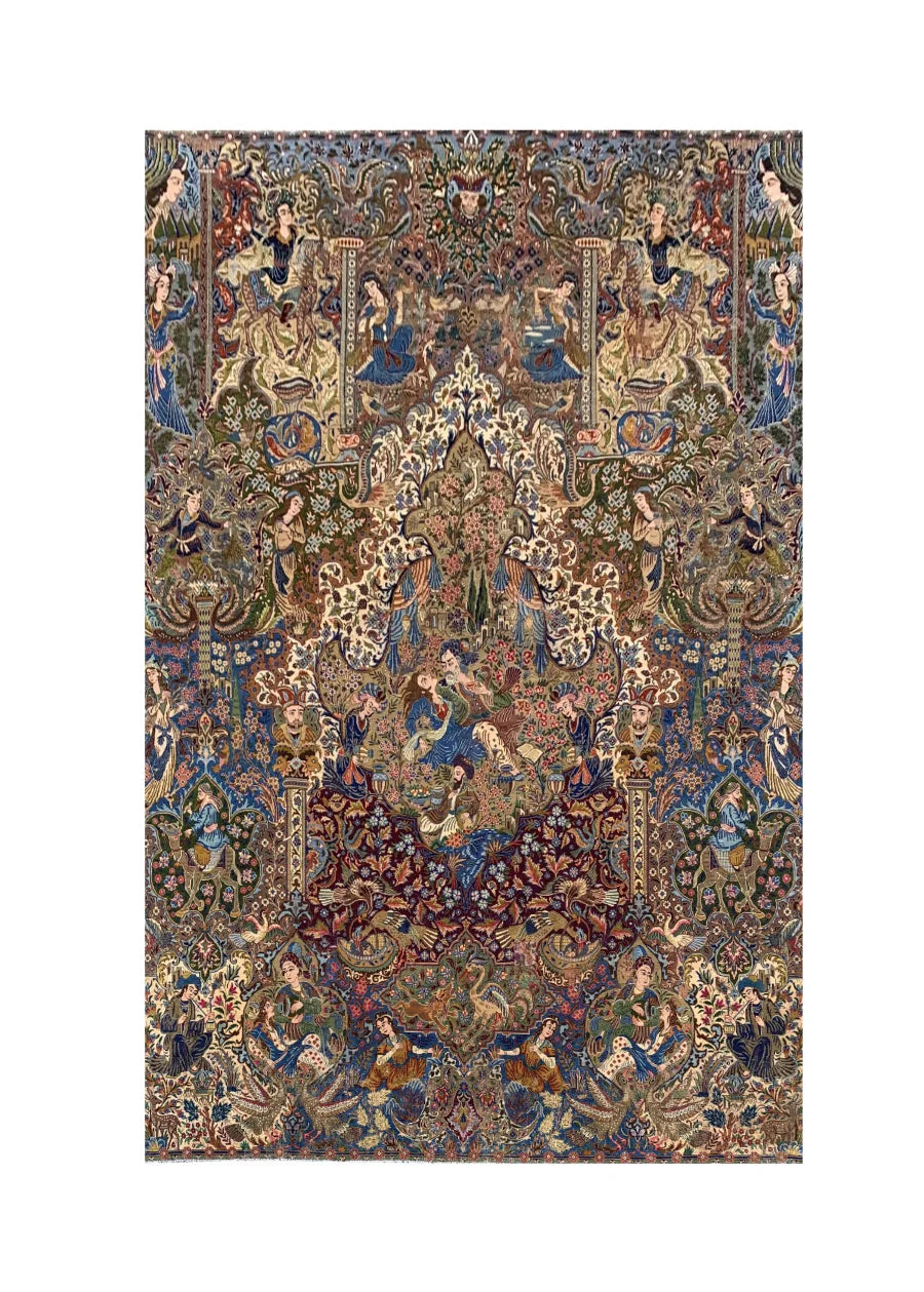 Authentic Hand Knotted Vintage Kashmour Hunting Pictorial Wool Area Rug 12.8x 9.8 Ft