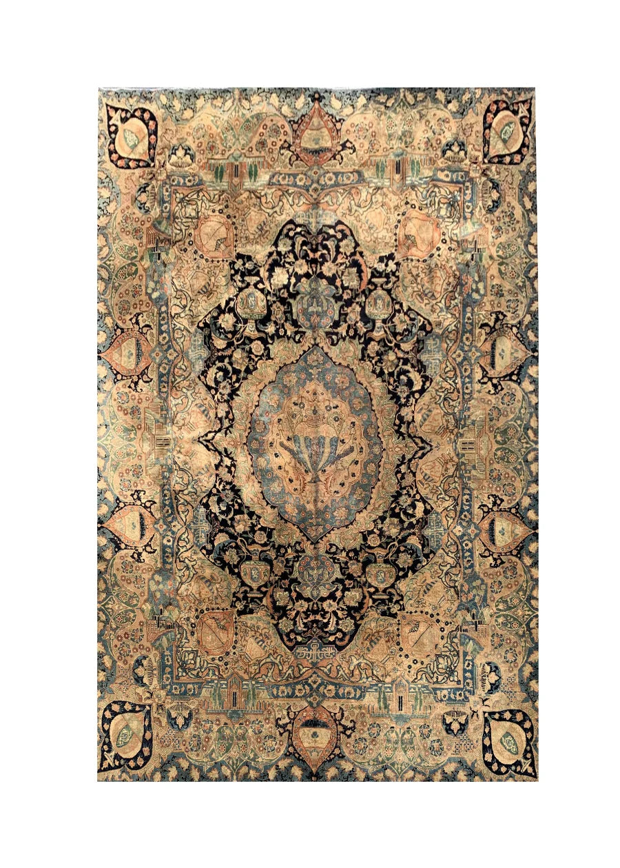 Authentic Hand Knotted Antique Kashmour Pictorial Wool Area Rug 12.7 x 9.7 Ft