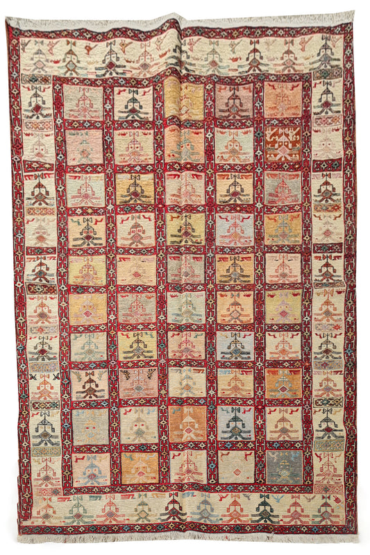Fine Quality Hand Knotted Veg Dyed Soumak Pictorial Silk Kilim Area Rug 6 x 4 Ft (913 KHI)