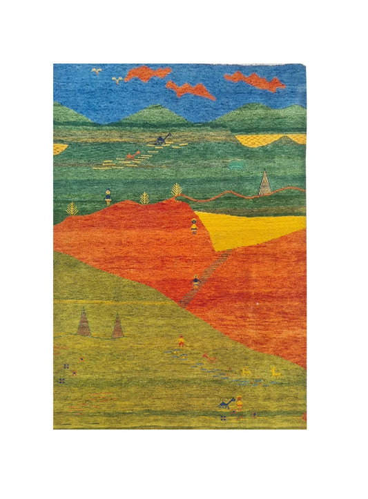 Authentic Hand Knotted Vintage Indo Gabbah Pictorial Wool Area Rug 7.5 x 5.7 Ft (1468 Ger-4)