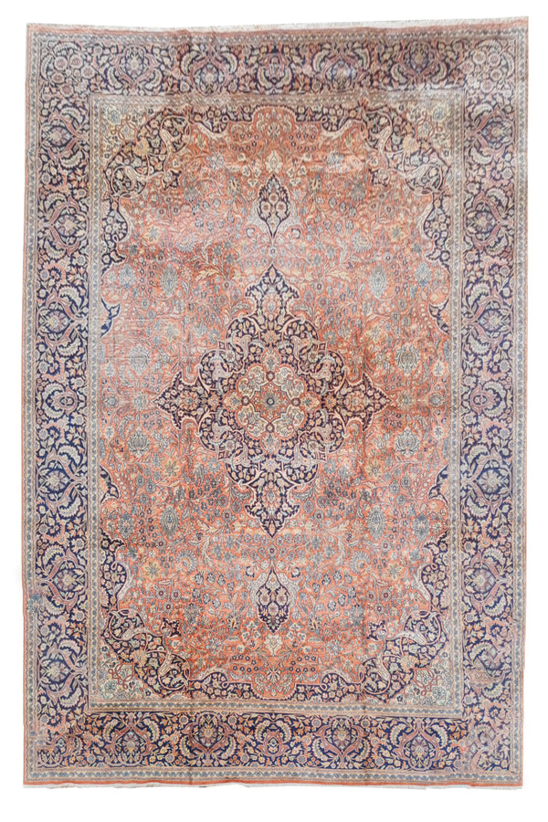 Distressed Hand Knotted Vintage Kashmiri Wool Area Rug 13.7 x 9.7 Ft (159 Ger-4)