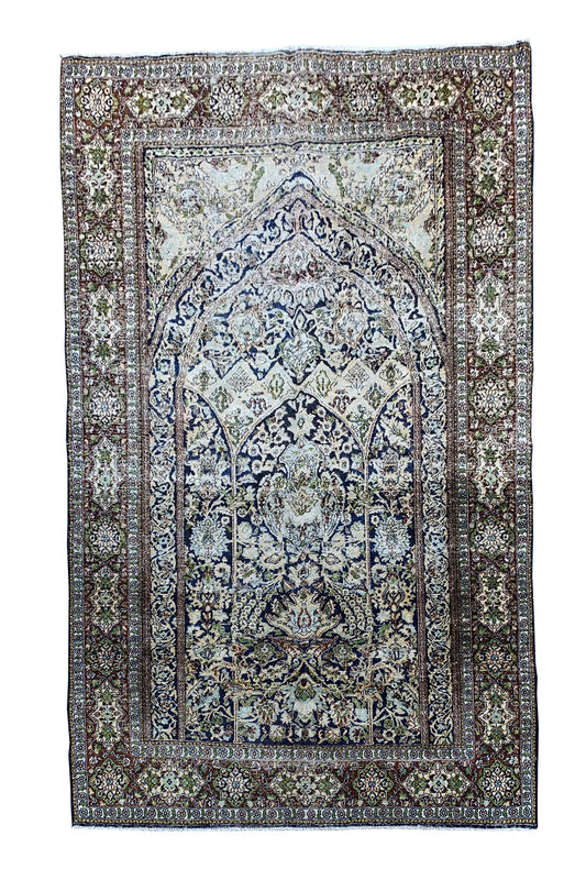 DISTRESSED HAND KNOTTED VINTAGE KASHMIRI SILK AREA RUG 5.9 X 4.0 FT (668 GER)