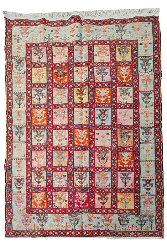 Fine Quality Hand Knotted Veg Dyed Soumak Pictorial Silk Kilim Area Rug 6 x 4 Ft (916 KHI)