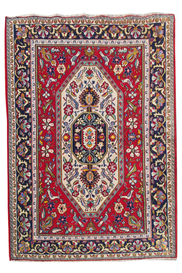 Authentic Hand Knotted Vintage Pashmin Koum Pictorial Wool Area Rug 5.2 x 3.7 Ft (1767 Ger-4)