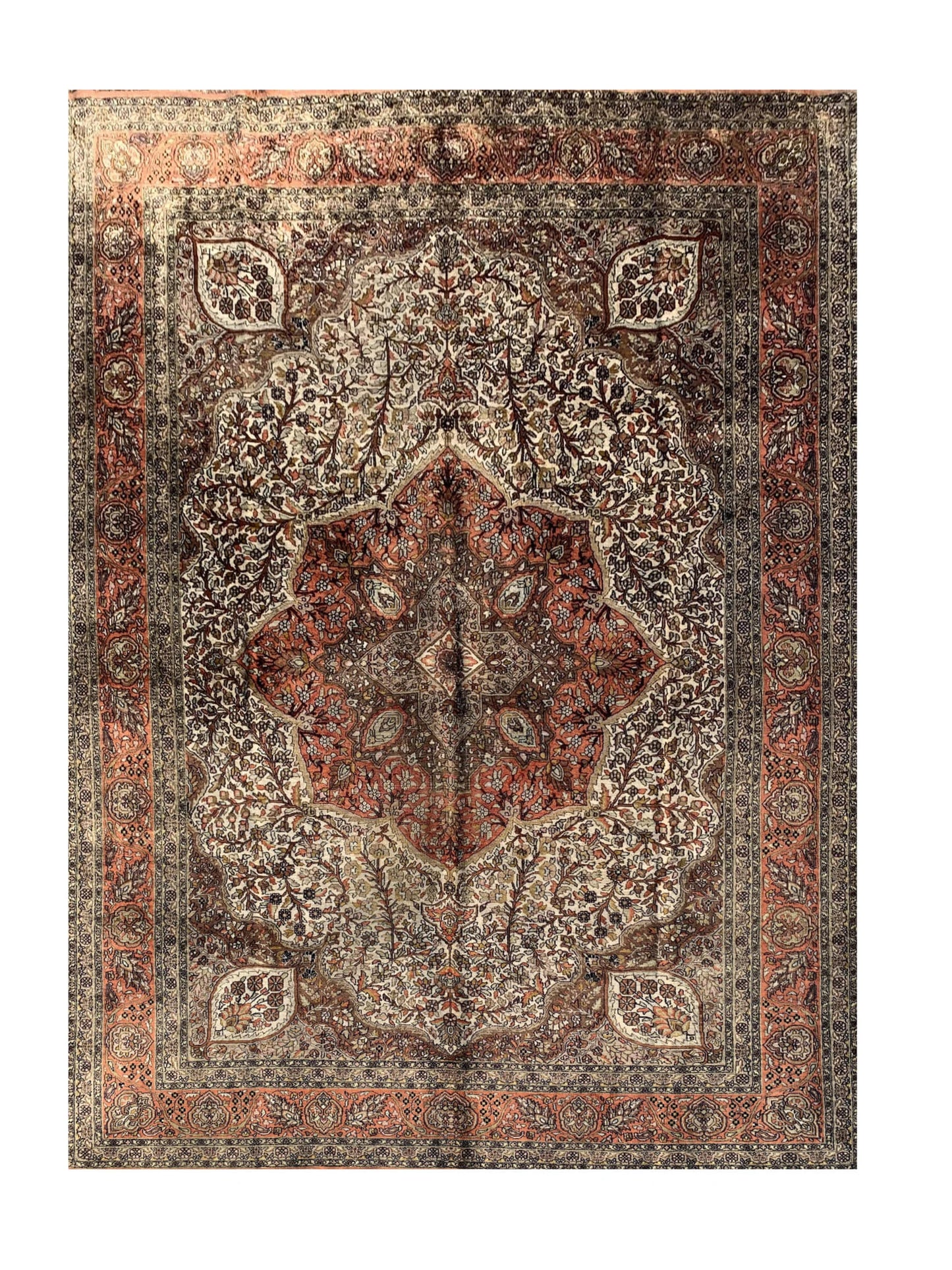 Amazing Hand Knotted Vintage Kashmiri Silk Area Rug 9.11 x 6.10 Ft