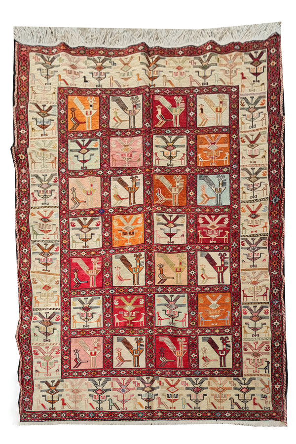 Fine Quality Hand Knotted Veg Dyed Soumak Pictorial Silk Kilim Area Rug 7 x 4 Ft (917 KHI)