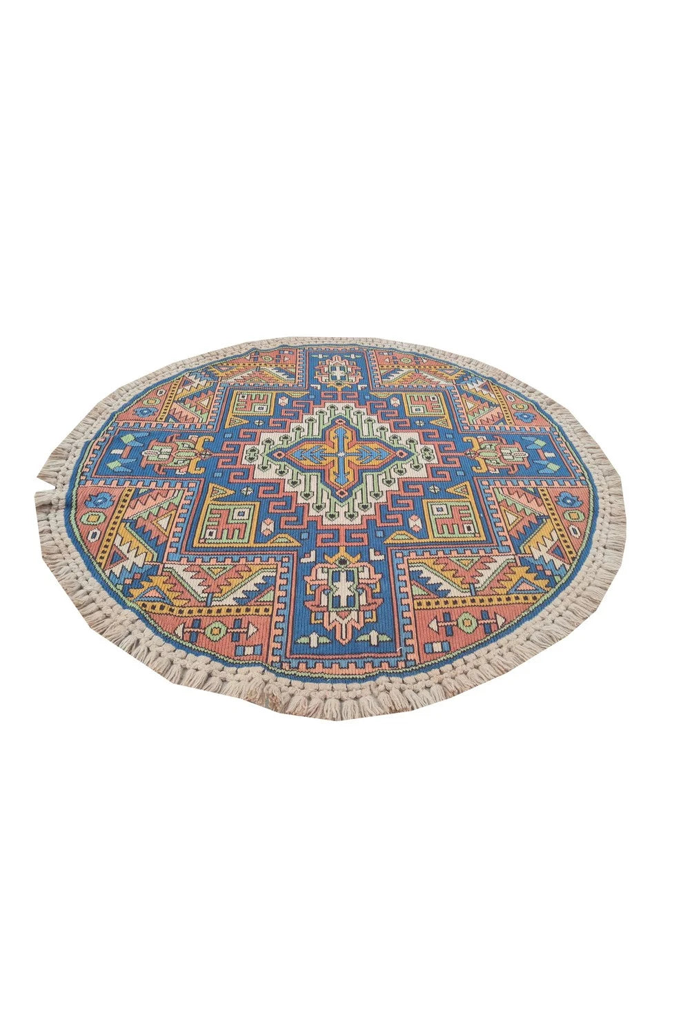 Amazing Hand Knotted Vintage Flat Weave Kilim Round Wool Area Rug 4.1 x 4.1 Ft