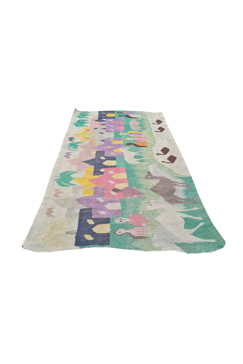 Hand Knotted Vintage Bulgaria Pictorial Kilim Wool Area Rug 4.2 x 2.7 Ft