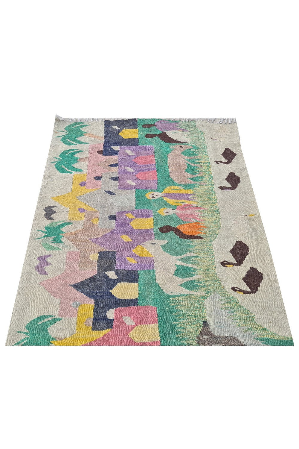 Hand Knotted Vintage Bulgaria Pictorial Kilim Wool Area Rug 4.2 x 2.7 Ft