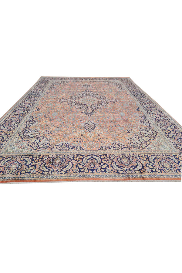 Distressed Hand Knotted Vintage Kashmiri Wool Area Rug 13.7 x 9.7 Ft (159 Ger-4)