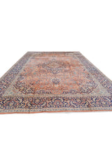 Distressed Hand Knotted Vintage Kashmiri Wool Area Rug 13.7 x 9.7 Ft (159 Ger-4)