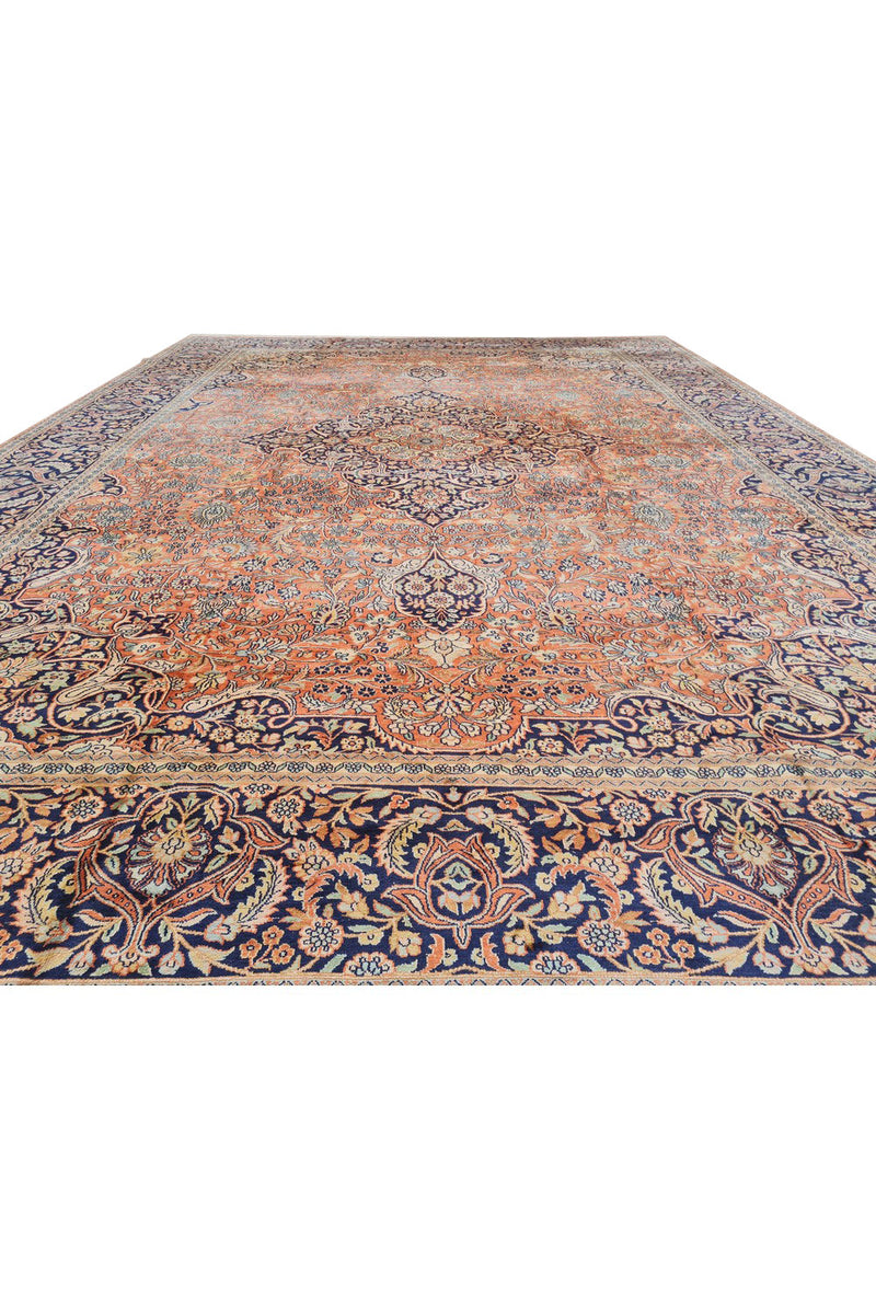 Distressed Hand Knotted Vintage Kashmiri Wool Area Rug 13.7 x 9.7 Ft (159 Ger-4)