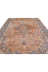 Distressed Hand Knotted Vintage Kashmiri Wool Area Rug 13.7 x 9.7 Ft (159 Ger-4)
