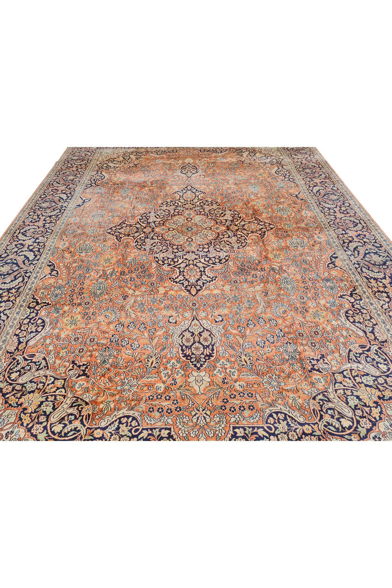 Distressed Hand Knotted Vintage Kashmiri Wool Area Rug 13.7 x 9.7 Ft (159 Ger-4)