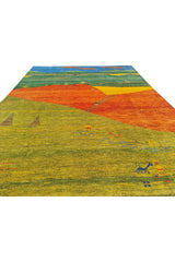 Authentic Hand Knotted Vintage Indo Gabbah Pictorial Wool Area Rug 7.5 x 5.7 Ft (1468 Ger-4)