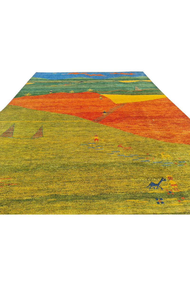 Authentic Hand Knotted Vintage Indo Gabbah Pictorial Wool Area Rug 7.5 x 5.7 Ft (1468 Ger-4)
