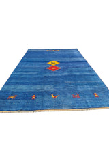 Authentic Hand Knotted Vintage Indo Gabbah Pictorial Wool Area Rug 8.0 x 5.9 Ft (1482 Ger-4)
