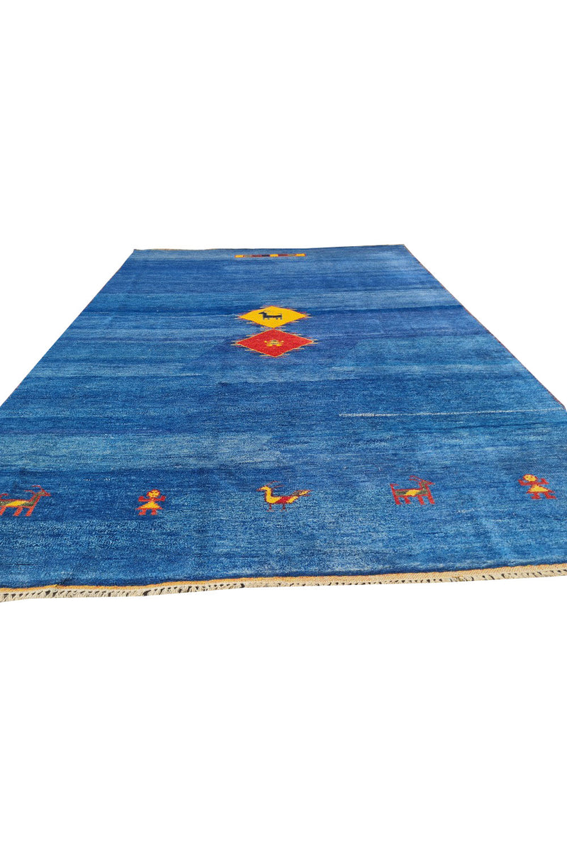 Authentic Hand Knotted Vintage Indo Gabbah Pictorial Wool Area Rug 8.0 x 5.9 Ft (1482 Ger-4)