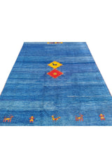 Authentic Hand Knotted Vintage Indo Gabbah Pictorial Wool Area Rug 8.0 x 5.9 Ft (1482 Ger-4)
