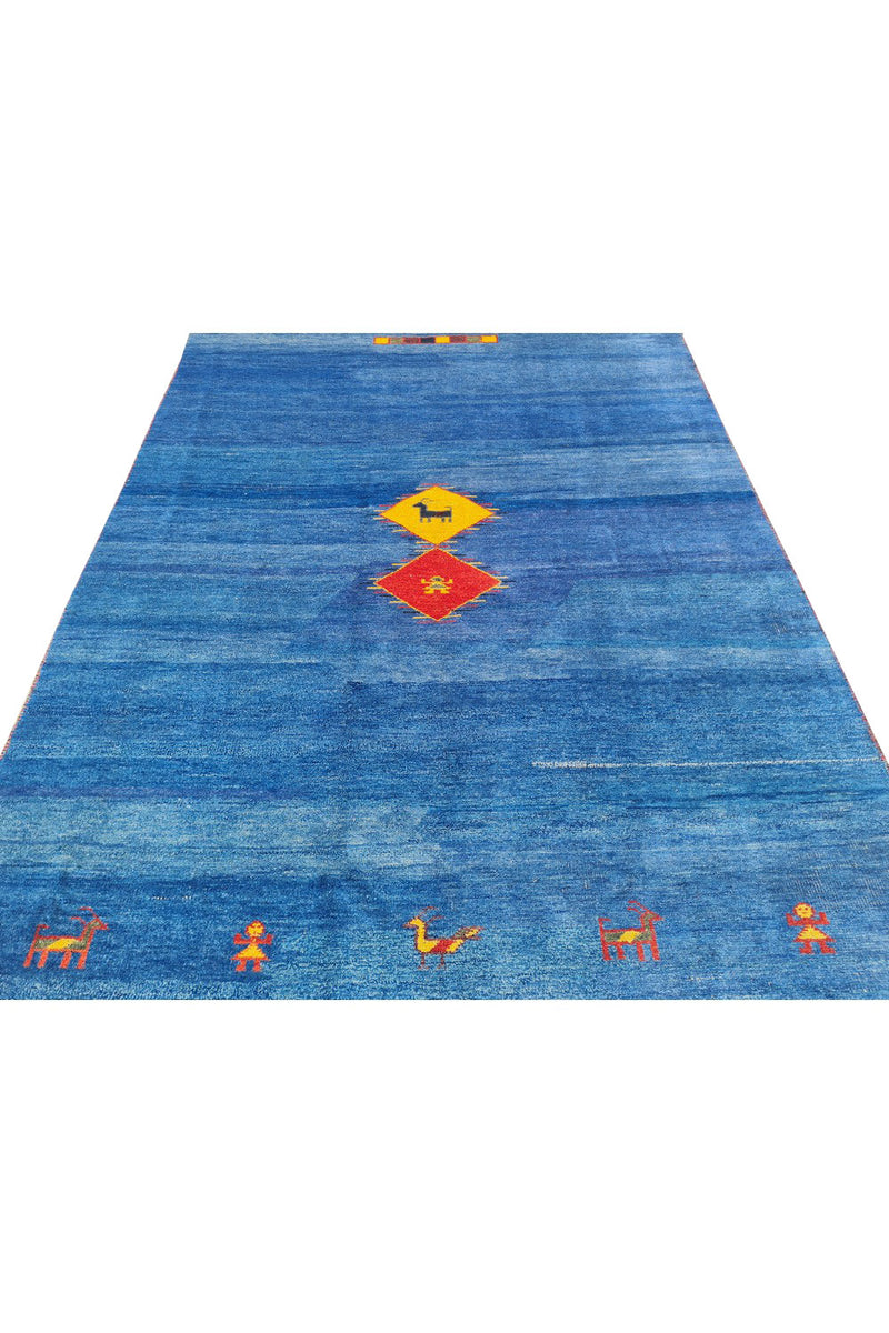 Authentic Hand Knotted Vintage Indo Gabbah Pictorial Wool Area Rug 8.0 x 5.9 Ft (1482 Ger-4)