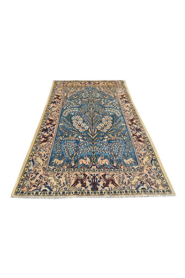 Authentic Hand Knotted Vintage Pashmin Koum Hunting Pictorial Wool Area Rug 5.6 x 3.5 Ft (1759 Ger-4)