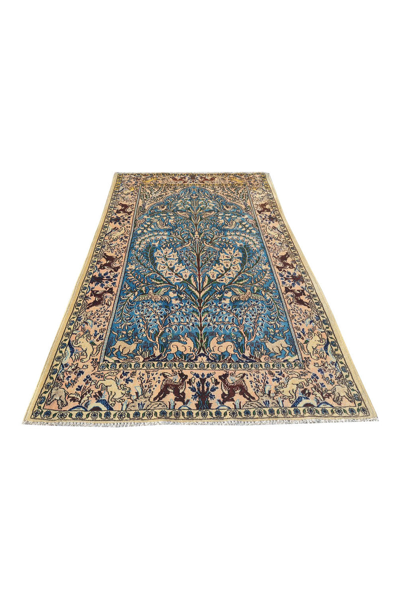 Authentic Hand Knotted Vintage Pashmin Koum Hunting Pictorial Wool Area Rug 5.6 x 3.5 Ft (1759 Ger-4)