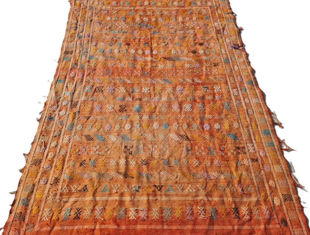 Amazing Hand Knotted Vintage Morocco Sumouk Kilim Silk Area Rug 8 x 5 Ft