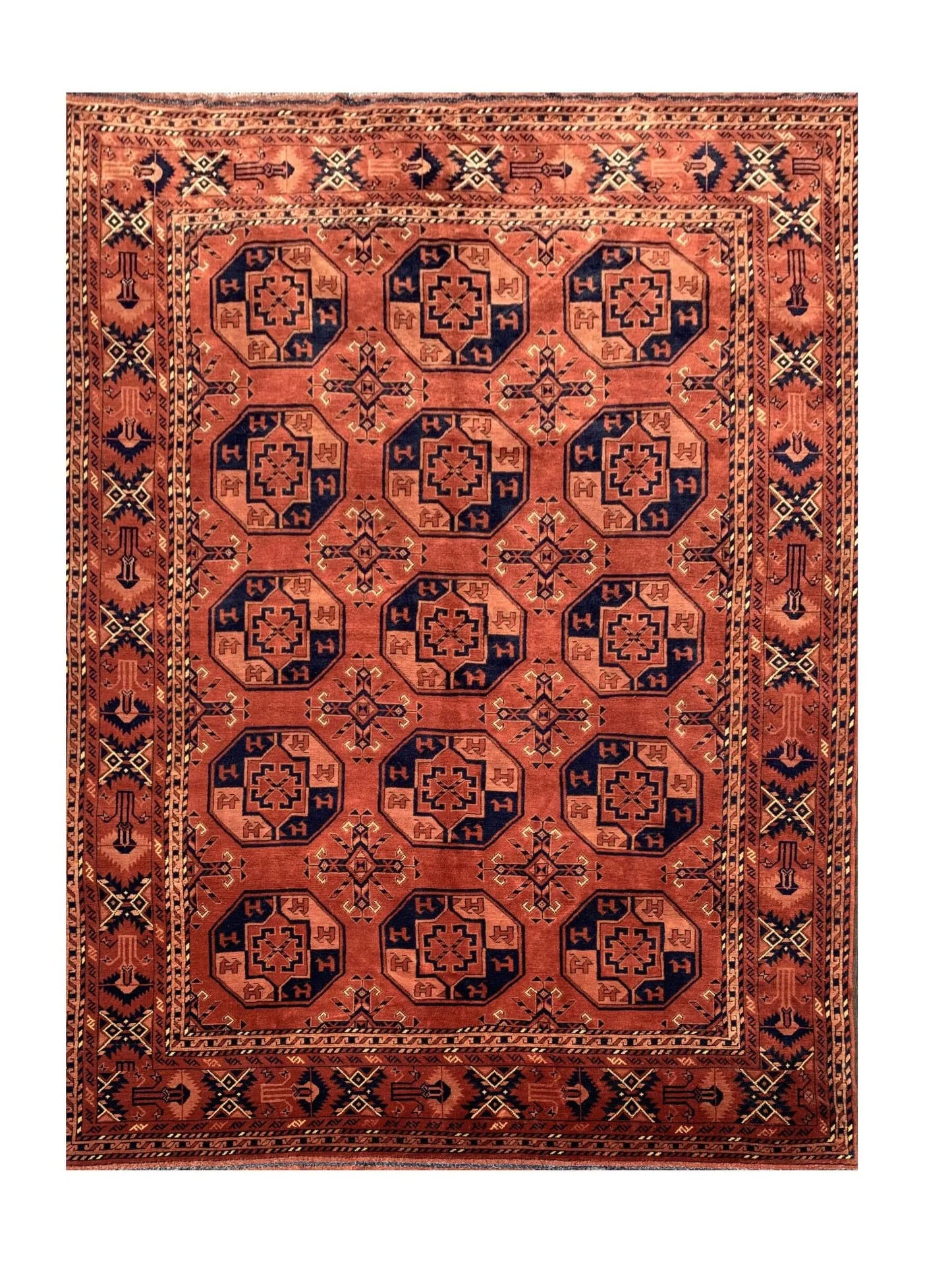 Amazing Hand Knotted Vintage Afghan Turkmen Felpah Wool Area Rug 9.9 x 7.0 Ft