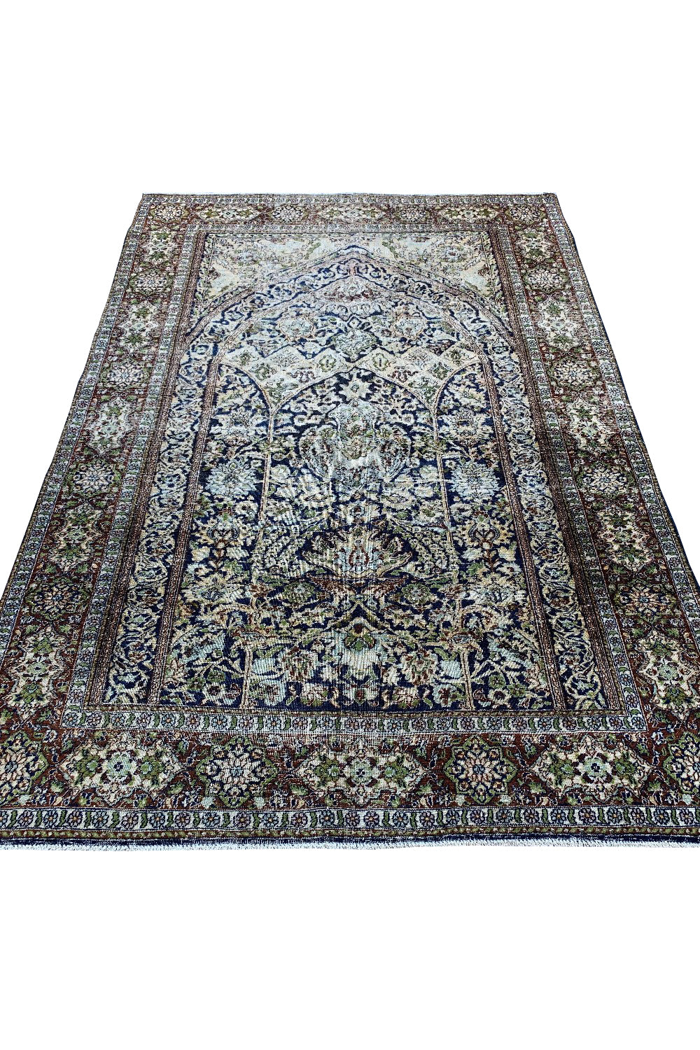 DISTRESSED HAND KNOTTED VINTAGE KASHMIRI SILK AREA RUG 5.9 X 4.0 FT (668 GER)