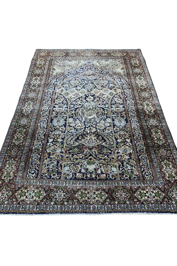 DISTRESSED HAND KNOTTED VINTAGE KASHMIRI SILK AREA RUG 5.9 X 4.0 FT (668 GER)