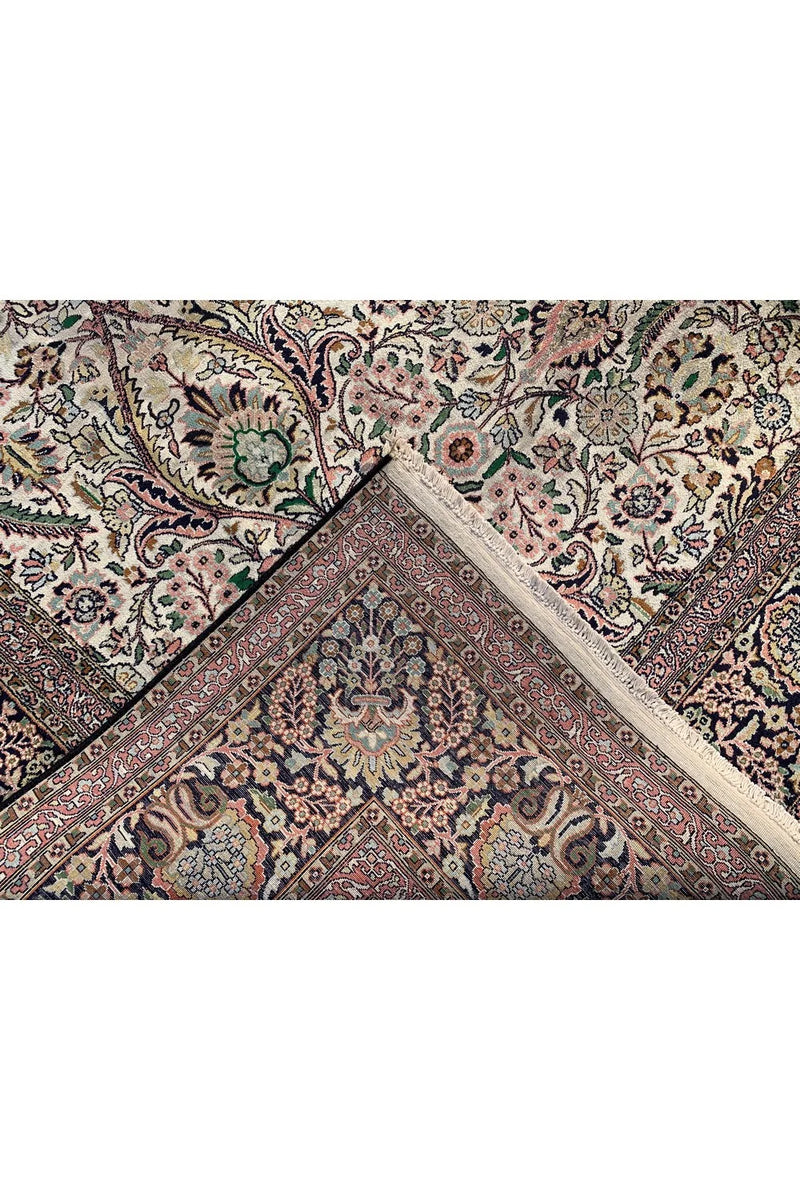 Authentic Hand Knotted Vintage Kashmiri Silk Area Rug 11.2 x 7.11 Ft