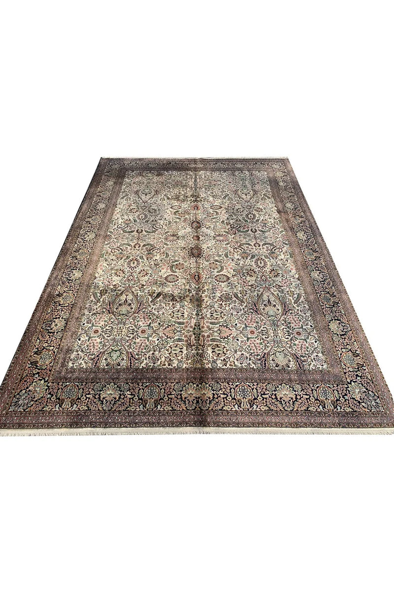 Authentic Hand Knotted Vintage Kashmiri Silk Area Rug 11.2 x 7.11 Ft