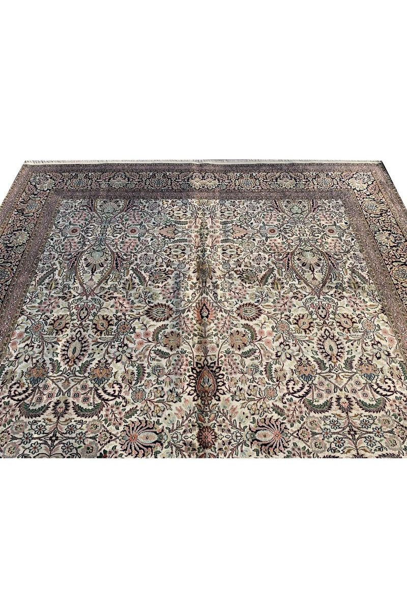 Authentic Hand Knotted Vintage Kashmiri Silk Area Rug 11.2 x 7.11 Ft